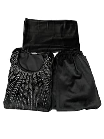 Women Velvet Kurta Palazzo Set with Dupatta, Embellished with Rhinestone Details, 3 Piece Set (Black)