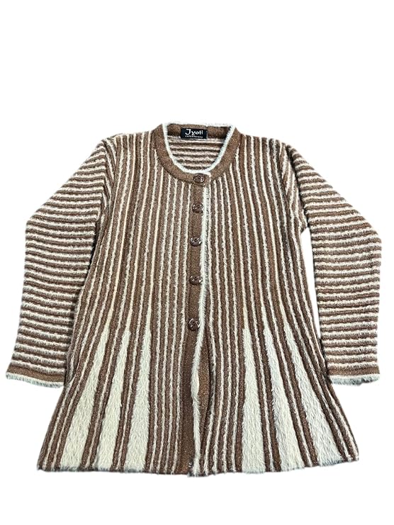 Women's Striped Woolen Cardigan, Long Sleeve, Pink and White, Button Front (in, Alpha, M, Regular, Big Girls, Copper)