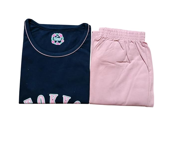 Women's Cotton Night Suit Set, Pink T-Shirt Dress with Pop Star Print, Maroon Pajamas, Casual Sleepwear (Big Girls, Blue, M)