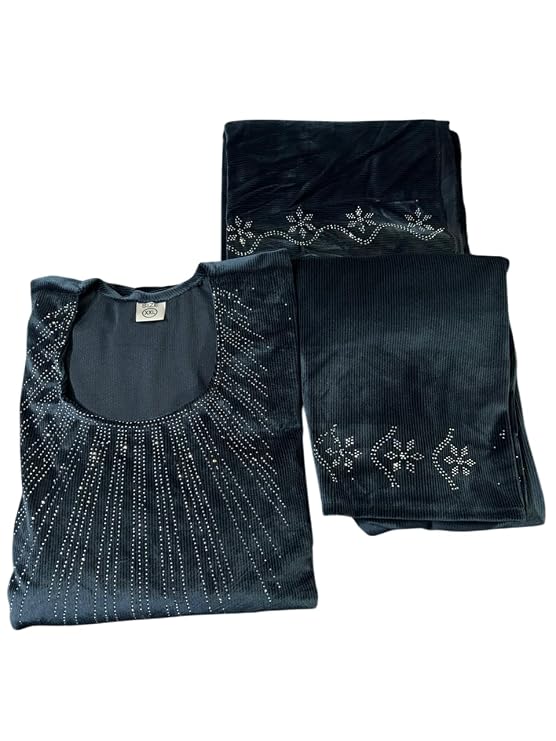 Women's Velvet Corduroy Kurta Palazzo Set with Dupatta, Embellished with Sequin Detail, 3 Piece Set (Black)
