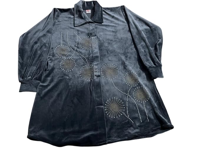 Women's Velvet Button-Down with Embellished Design, Long Sleeve (Grey, L)
