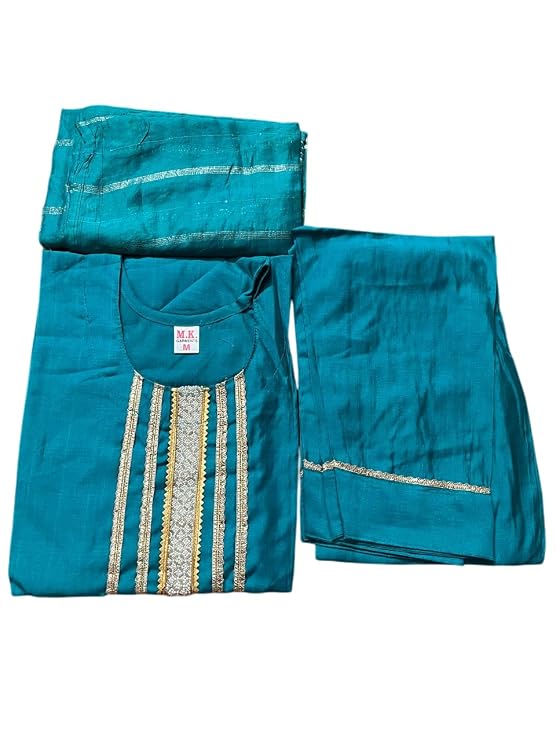 Women's Cotton Kurta Palazzo Set with Dupatta with Silver Embellishments, 3 Piece (in, Alpha, M, Regular, Turquoise Blue)
