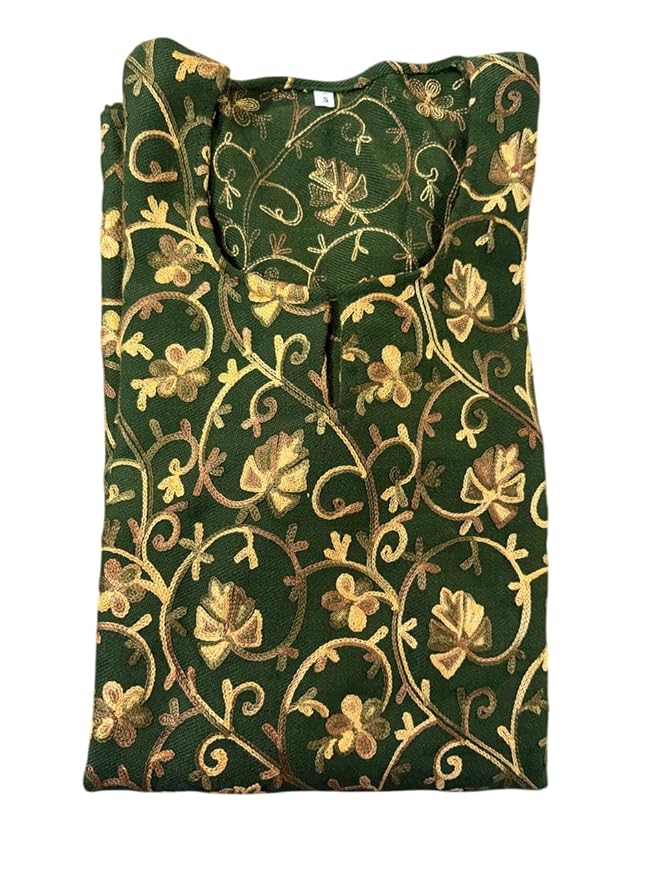 Kashmiri Embroidered Kurti Top, Green with Gold Floral Pattern, Traditional Indian Ethnic Wear (Mehandi)