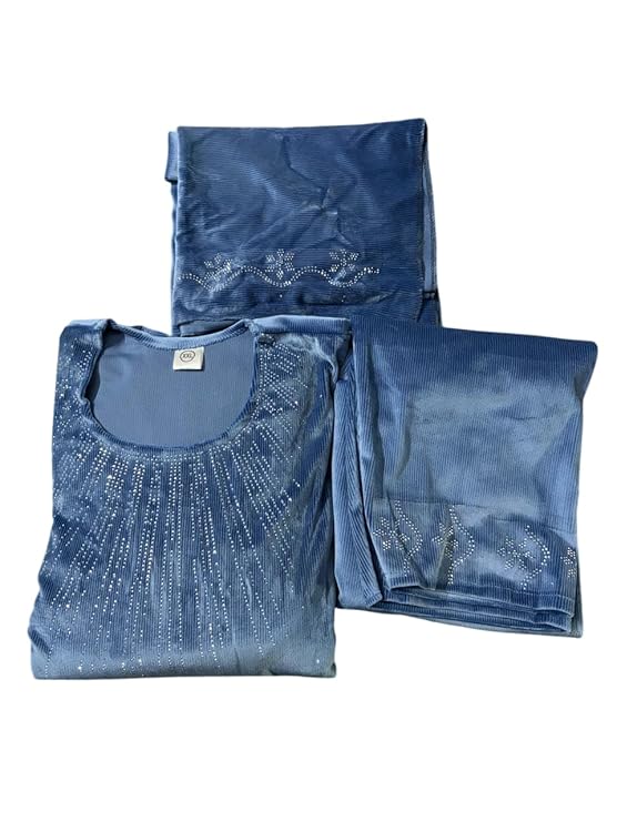 Women's Velvet Corduroy Kurta Palazzo Set with Dupatta, Embellished with Sequin Detail, 3 Piece Set (Blue)
