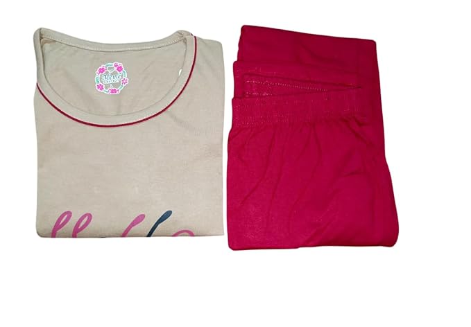 Women's Cotton Night Suit Set, Pink T-Shirt Dress with Pop Star Print, Maroon Pajamas, Casual Sleepwear (Big Girls, Brown, L)