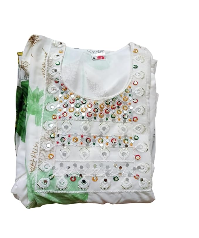 Girls' Floral Print Midi Dress, White with Green Flowers, Mirror Work Embellished