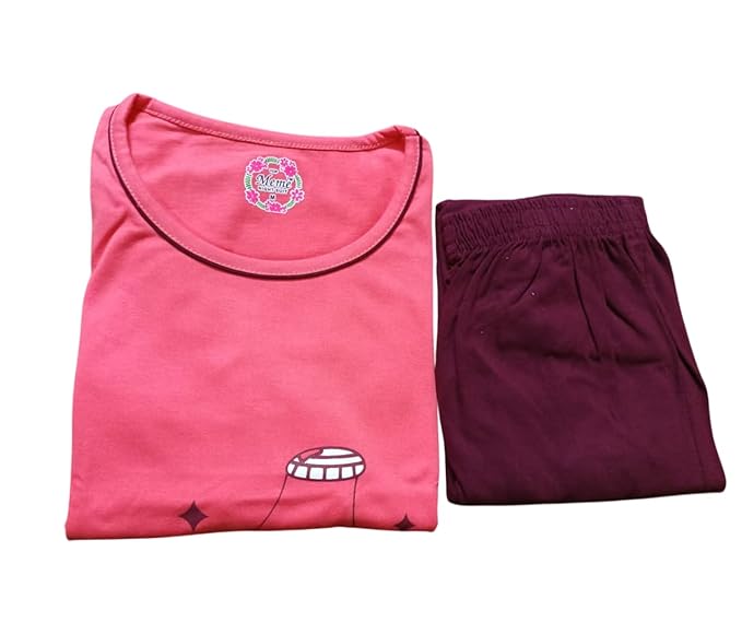 Women's Cotton Night Suit Set, Pink T-Shirt Dress with Pop Star Print, Maroon Pajamas, Casual Sleepwear (Big Girls, Peach, M)