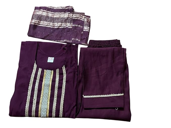 Women's Cotton Kurta Palazzo Set with Dupatta with Silver Embellishments, 3 Piece (in, Alpha, M, Regular, Purple)