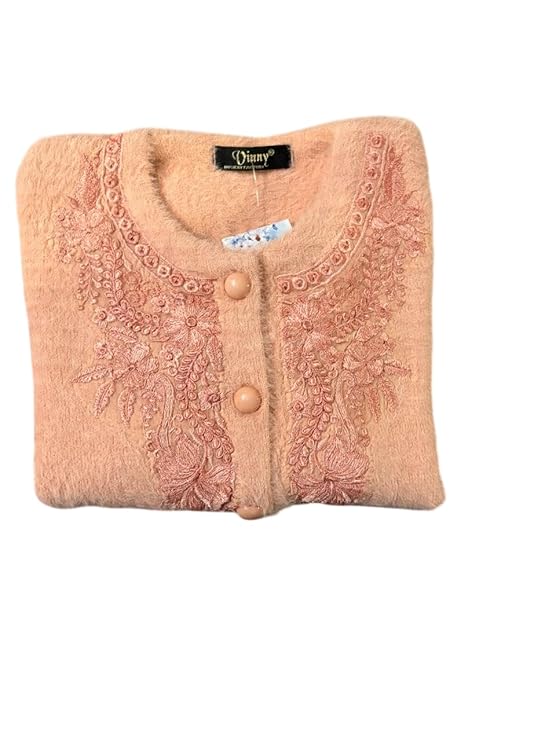Women's Embroidered Crop Cardigan Sweater with Button Front and Long Sleeves (Peach)