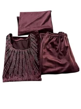 Women Velvet Kurta Palazzo Set with Dupatta, Embellished with Rhinestone Details, 3 Piece Set (Maroon)