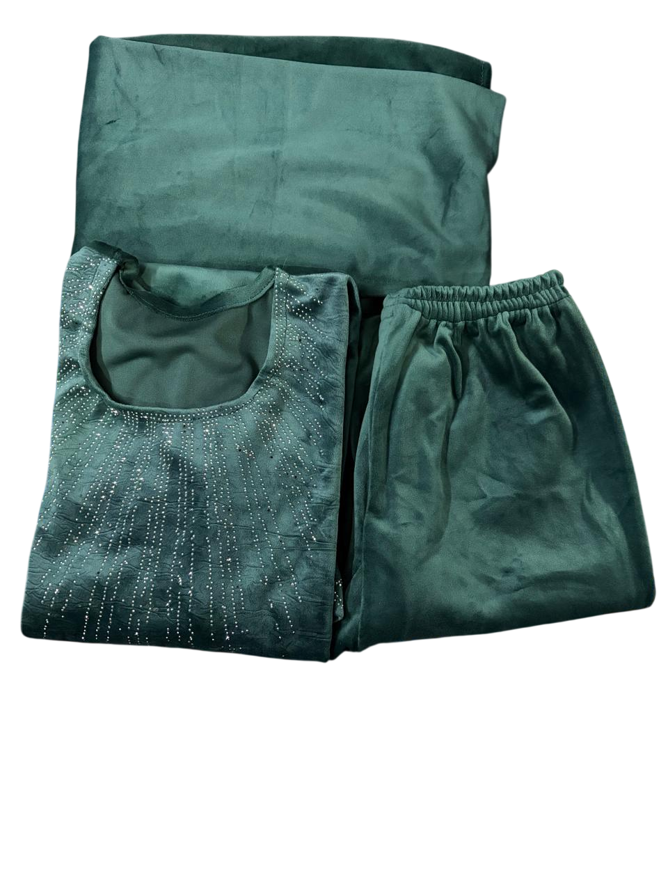 Women Velvet Kurta Palazzo Set with Dupatta, Embellished with Rhinestone Details, 3 Piece Set (Green)