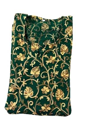 Kashmiri Embroidered Kurti Top, Green with Gold Floral Pattern, Traditional Indian Ethnic Wear (Green)