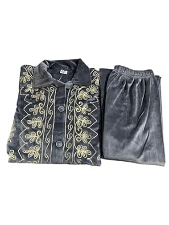 Women's Velvet Embroidered Cord Set for Winter (IN, Alpha, 2XL, Regular, Big Girls, Grey)
