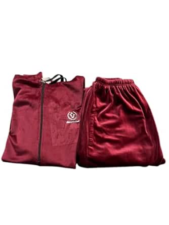 Women's Navy Blue Velvet Track Suit with Hoodie and Drawstring Pants (Maroon)