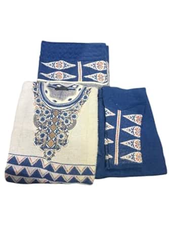 Women Kurta Frock Set with Pyjami and Dupatta, Embroidered Traditional Ethnic Wear (Blue)