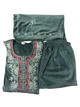 Women's Embroidered Velvet Kurta Palazzo Set with Dupatta, 3 Piece Traditional Outfit (Green)