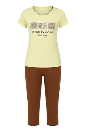 Women's Cotton Night Suit Set, Pink T-Shirt Dress with Pop Star Print, Maroon Pajamas, Casual Sleepwear (Big Girls, Yellow, M)