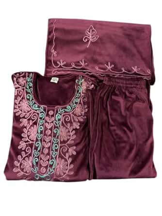 Women's Embroidered Velvet Kurta Palazzo Set with Dupatta, 3 Piece Traditional Outfit (Wine)