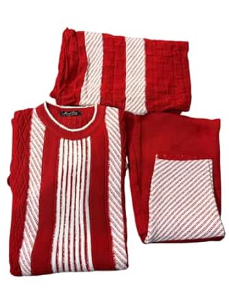 Women's Woolen Frock with Pajyami and Dupatta, Teal Blue and Cream Striped Pattern, Traditional Ethnic Wear Set (1, Red)