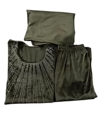 Women Velvet Kurta Palazzo Set with Dupatta, Embellished with Rhinestone Details, 3 Piece Set (Mehandi)