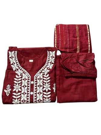 Women's Embroidered Cotton Kurta Set with Dupatta, Maroon, Traditional Floral Design (Standard, Maroon, S)