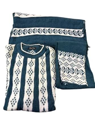 Women's Woolen Frock with Pajyami and Dupatta, Teal Blue and Cream Striped Pattern, Traditional Ethnic Wear Set (1, Green)
