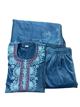 Women's Embroidered Velvet Kurta Palazzo Set with Dupatta, 3 Piece Traditional Outfit (Blue)