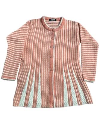Women's Striped Woolen Cardigan, Long Sleeve, Pink and White, Button Front (in, Alpha, M, Regular, Big Girls, Peach)