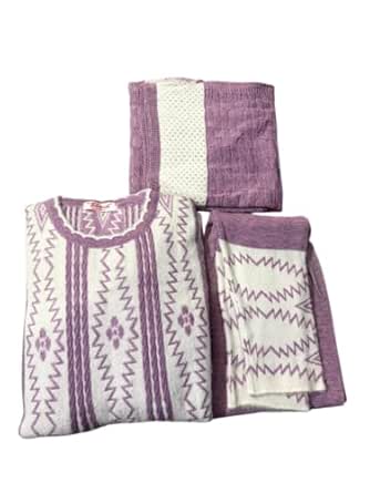 Women's Woolen Frock with Pajyami and Dupatta, Teal Blue and Cream Striped Pattern, Traditional Ethnic Wear Set (1, Light Purple)