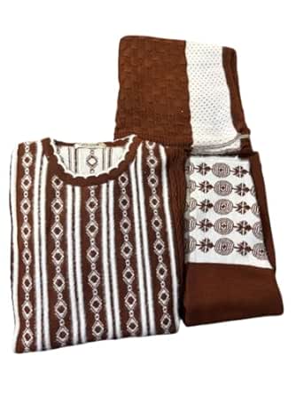 Women's Woolen Frock with Pajyami and Dupatta, Teal Blue and Cream Striped Pattern, Traditional Ethnic Wear Set (1, Brown)