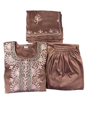 Women's Embroidered Velvet Kurta Palazzo Set with Dupatta, 3 Piece Traditional Outfit (Brown)