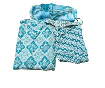 Women's Cotton Frock Suit Set with Dupatta, Turquoise, Long Sleeves