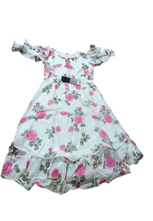 Girls Floral Print Ruffle Dress, White with Pink Roses, Rhinestone Belt Detail