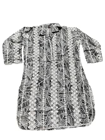 Women's 2-Piece Cotton Cord Set, Black and White Floral Print with embroidery Top with Solid Black Pants (Black and White, L)
