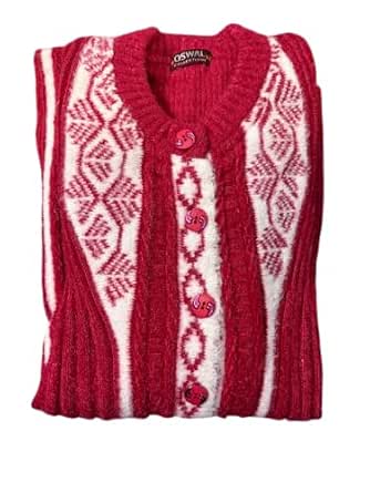 Women's Red and White Cable Knit Button Front Cardigan Sweater with Geometric Pattern (Peach)