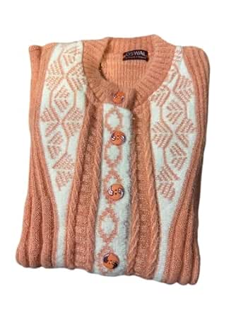 Women's Red and White Cable Knit Button Front Cardigan Sweater with Geometric Pattern (Carrot)