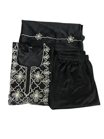 Women's Velvet Kurta Palazzo Set with Dupatta with Gold Embroidery, 3 Piece Traditional Outfit (Black)