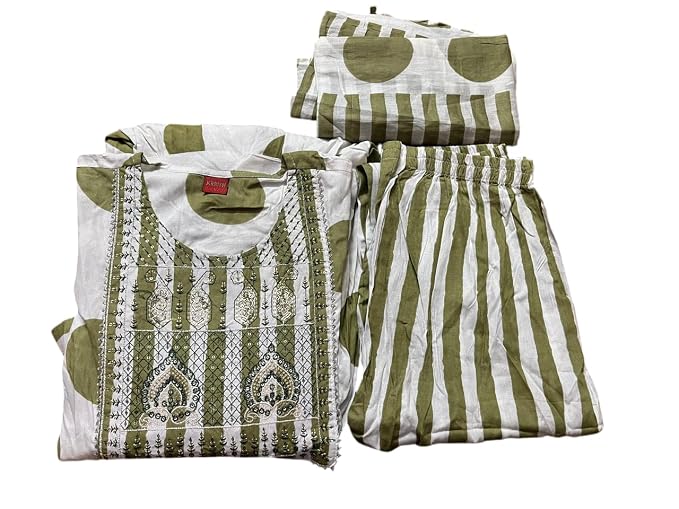Women's Cotton Frock Suit Set, Traditional Embroidered Design, White and Olive Green Polka Dot with Striped Palazzo, 3 Piece (Big Girls, Olive Green and White, XL)