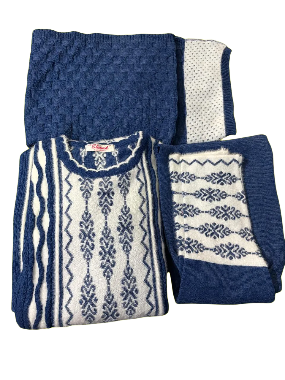 Women's Woolen Frock with Pajyami and Dupatta, Teal Blue and Cream Striped Pattern, Traditional Ethnic Wear Set (1, Blue)