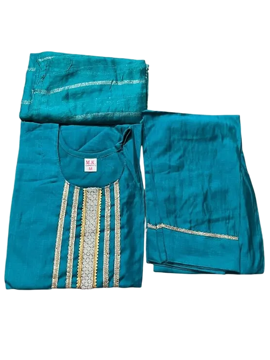 Women's Cotton Kurta Palazzo Set with Dupatta with Silver Embellishments, 3 Piece (in, Alpha, L, Regular, Turquoise Blue)